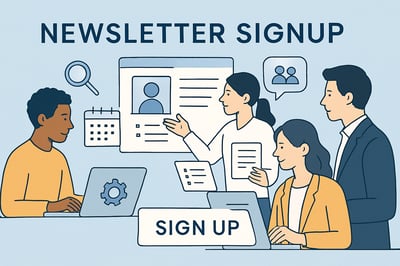 Newsletter signup illustration showing digital HR tools and professionals collaborating